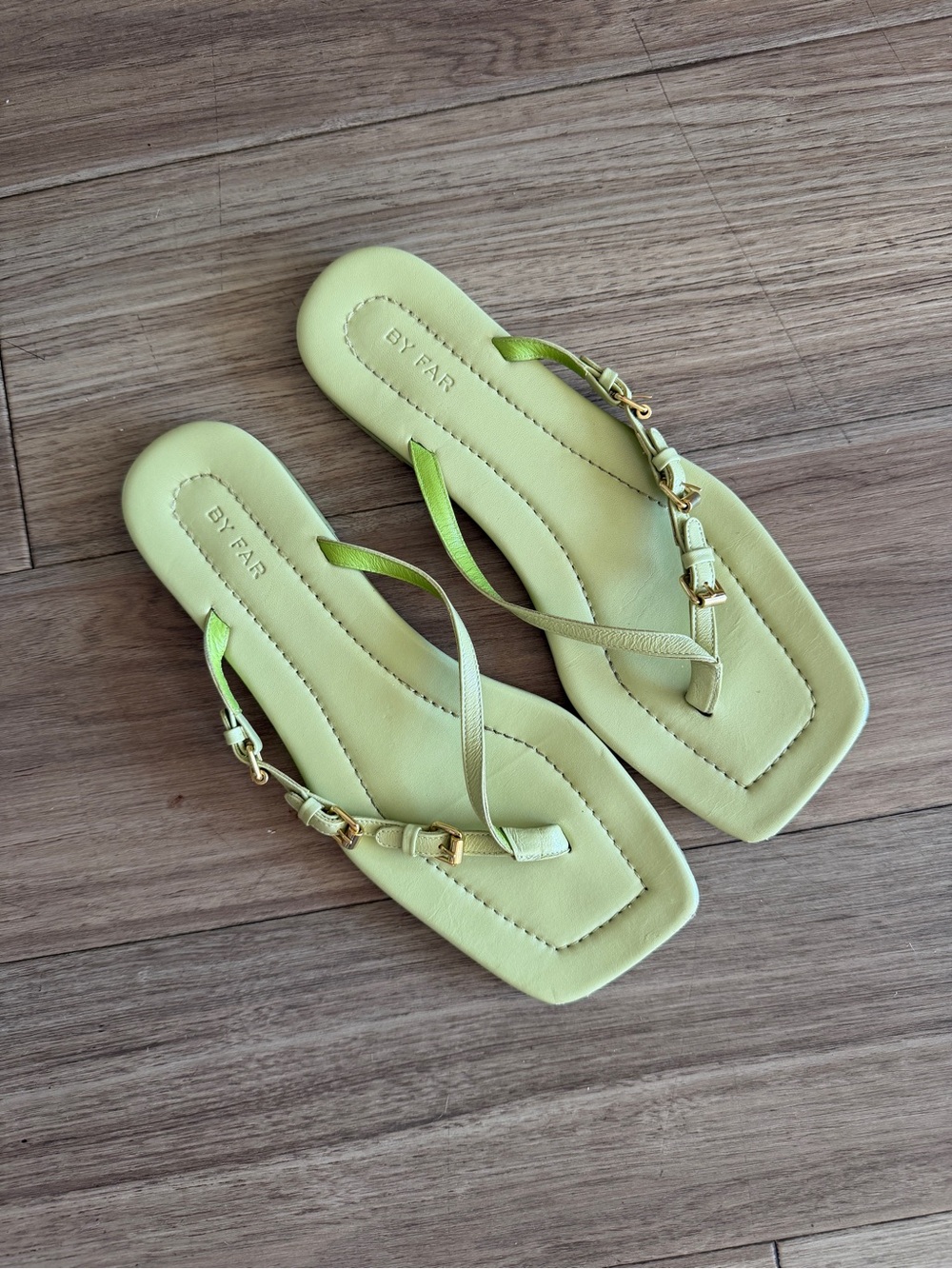 BY FAR Neon Lime Leather Thong Sandals